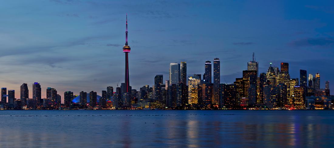 The Toronto skyline at sunset from the islands