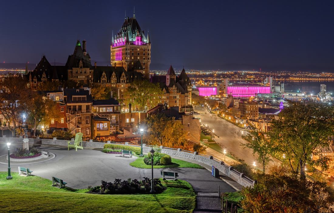 The Chateau Frontenac illuminated at night in Quebec City